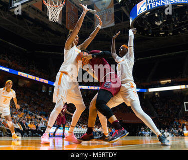 February 25, 2018: Rennia Davis #0 and Mercedes Russell #21 of the Tennessee Lady Volunteers defend against Alexis Jennings #35 of the South Carolina Gamecocks during the NCAA basketball game between the University of Tennessee Lady Volunteers and the University of South Carolina Gamecocks at Thompson Boling Arena in Knoxville TN Tim Gangloff/CSM Stock Photo