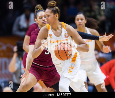 February 25, 2018: Mercedes Russell #21 of the Tennessee Lady Volunteers drives to the basket against Alexis Jennings #35 of the South Carolina Gamecocks during the NCAA basketball game between the University of Tennessee Lady Volunteers and the University of South Carolina Gamecocks at Thompson Boling Arena in Knoxville TN Tim Gangloff/CSM Stock Photo