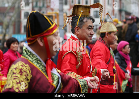 New York City, New York, USA. 24th Feb, 2018. Parade participants are seen during the Lunar New Year parade in Chinatown on February 25, 2018 in New York. Credit: Anna Sergeeva/ZUMA Wire/Alamy Live News Stock Photo