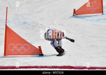 Pyeongchang, Korea, Republic Of. 24th Feb, 2018. Czech snowboarder and skier Ester Ledecka, 22, wins a gold medal after the parallel giant slalom in snowboarding at the Olympics. PyeongChang, South Korea, February 24, 2018. Credit: Michal Kamaryt/CTK Photo/Alamy Live News Stock Photo