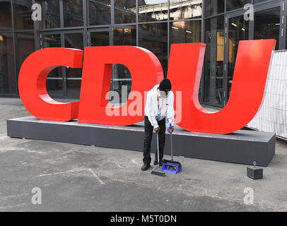 Berlin, Germany. 26th Feb, 2018. Cleaners at work before the Christain Democratic Party's 30th federal party conference. Photo: Ralf Hirschberger/dpa Credit: dpa picture alliance/Alamy Live News Stock Photo