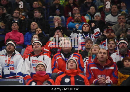 Gangneung, South Korea. 24th Feb, 2018. Czech hockey Fans in action during the men's bronze medal hockey game at the 2018 Winter Olympics in Gangneung, South Korea, Saturday, Feb. 24, 2018. Credit: Michal Kamaryt/CTK Photo/Alamy Live News Stock Photo