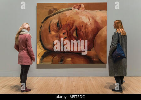 London, UK. 26th February, 2018. Coterie of Questions, 2015, by Lynette Yiadom-Bokye and Reverse 2002-3 by Jenny Saville - All Too Human: Bacon, Freud and a Century of Painting Life, Tate Britain’s new exhibition . Including around 100 works by some of the most celebrated modern British artists. The exhibition makes connections across generations of artists and tells an expanded story of figurative painting in the 20th century. It will run from 28 Feb to 27 Aug 2018. Credit: Guy Bell/Alamy Live News Stock Photo