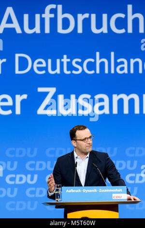 Berlin, Germany. 26th Feb, 2018. Jens Spahn (CDU) holds a speech during the 30th congress of the CDU. The CDU votes today at the party convention in Berlin on the coalition agreement negotiated with the CSU and the SPD. Credit: 20180226 Heine 30CDUParteitag 852.jpg/SOPA Images/ZUMA Wire/Alamy Live News Stock Photo