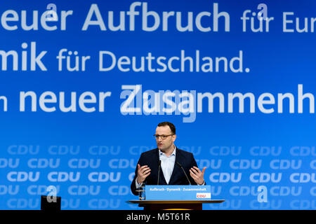 Berlin, Germany. 26th Feb, 2018. Jens Spahn (CDU) holds a speech during the 30th congress of the CDU. The CDU votes today at the party convention in Berlin on the coalition agreement negotiated with the CSU and the SPD. Credit: 20180226 Heine 30CDUParteitag 861.jpg/SOPA Images/ZUMA Wire/Alamy Live News Stock Photo