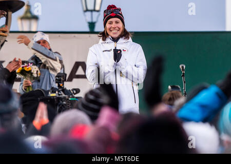 Vrchlabi, Czech Republic. 26th Feb, 2018. Olympic bronze medallist snowboarder Eva Samkova smiles during the celebration with fans in Vrchlabi, Czech Republic, on Monday, February 26, 2018, after the 2018 Winter Olympics in Pyeongchang, South Korea. Credit: David Tanecek/CTK Photo/Alamy Live News Stock Photo