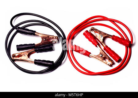 battery jumper cables on white background, folded in a circle and black and red wires Stock Photo