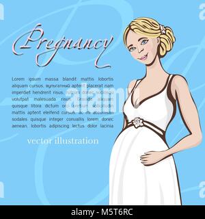 Pregnant woman hand drawing, vector background, banner, card. Colored cartoon portrait of expectant girl with big belly, drawn happy future mother in  Stock Vector
