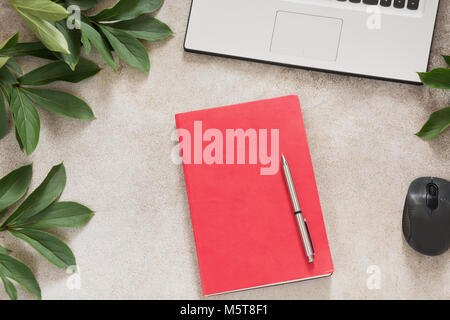 Female workplace with laptop, red notebook for notes, pen,  green leaves around on vintage office desk. Stock Photo