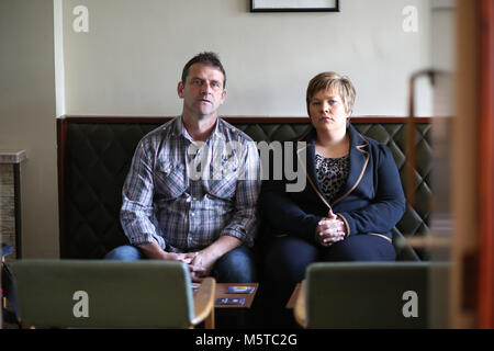 Aidan O'Toole a  survivor of the 1994 gun attack, and Emma Rogan the daughter of Adrian Rogan a victim who was murdered by Loyalist gunmen in 1994 attack sit inside the same room where the gun attack took place in the Bar as it is today. (2 Oct 2012). Once the main Bar area, today, the room has been turned into a loung and pool room.  O'Tooles Bar is the only Bar in the small village of Loughinisland in County Down, Northern Ireland. On 18 June 1994 and The Ulster Volunteer Force (UVF), a loyalist paramilitary group, attacked the crowded Stock Photo