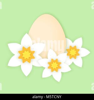 Minimalistic papercut Easter card with egg and narcissus in light colors Stock Vector