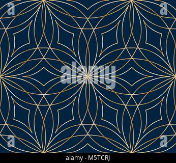 Seamless golden flower pattern on blue background Stock Vector