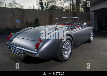 Classic MGA soft top British sports car, restored in pale blue paint ...