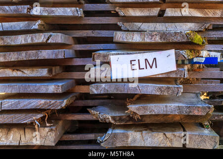 Stacks of timber seasoning in the sun ready for use in historical buildings and projects. Stock Photo