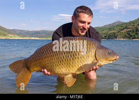 carp fishing. lucky fisherman holding a giant common carp Stock Photo