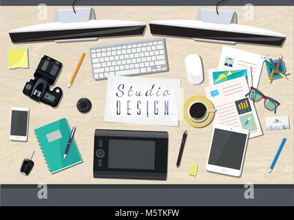Concept business office with a view of office desk from the top Stock Vector