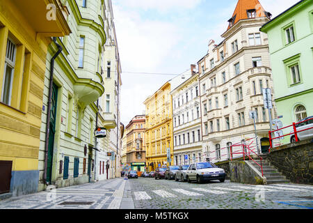 PRAGUE CZECH REPUBLIC - AUGUST 31 2017; City street scenes and different colored buildings Stock Photo
