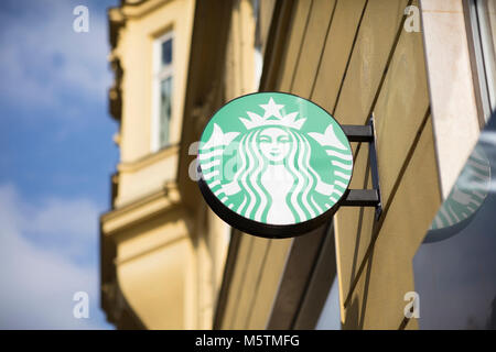 Starbucks signage on a cafe in Brno, Czech Republic, 24th February 2018 Stock Photo