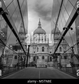 St Paul's Cathedral reflections in the glass windows of One New Change shopping centre - Black and White