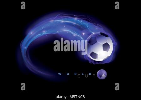 Soccer ball in flames and lights on black background. World Cup 2018 concept vector illustration. Stock Vector