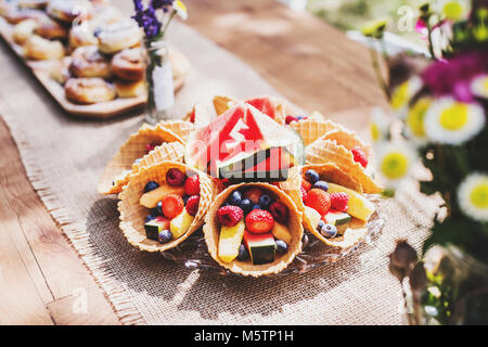 Table set for a garden party or celebration outside. Stock Photo