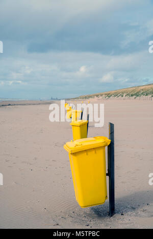 Trash can on the beach sunny day. Concept photo of a clean beach Stock Photo