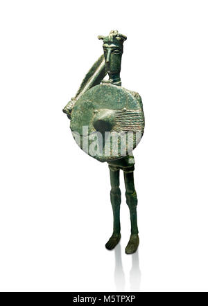 Iron Age Nuragic broze statue of a soldier with a shield and sword from Monte Arcosu di Uta, Sardinia. Museo archeologico nazionale, Cagliari, Italy.  Stock Photo