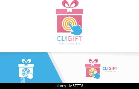 Vector gift and click logo combination. Present and cursor symbol or icon. Unique surprise and digital logotype design template. Stock Vector