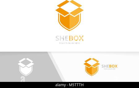 Vector box and shield logo combination. Package and security symbol or icon. Unique delivery and guard logotype design template. Stock Vector