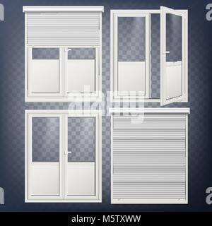 Plastic Door Vector. Modern White Roller Shutter. Opened And Closed. Energy Saving. Corner Door. PVC Profile. Isolated On Transparent Background Illustration Stock Vector