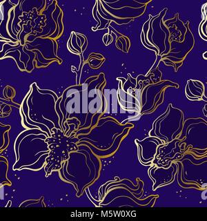 Floral pattern with Orchids. Hand drawn illustration. Seamless background Stock Vector