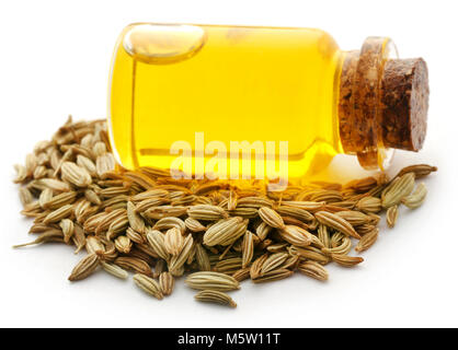 Fennel seeds with essential oil in a bottle over white background Stock Photo