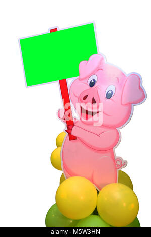 pink pig showing board birthday party and etc, invitation card with white background. Stock Photo
