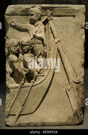 Fragment of a funerary relief. Stern of a ship with the helmsman and the rowers, who by their appearance seems to be barbarians. End of the 1st century. From Cologne, Germany. Roman-Germanic Museum. Cologne. Germany. Stock Photo