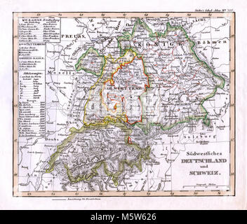 1844 Stieler Map - SW Germany Bavaria & Switzerland - Lucerne Zurich Geneva Stock Photo