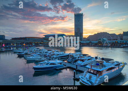 Sofitel Hotel and International Convention Centre at sunset, Darling Harbour, Sydney, New South Wales, Australia Stock Photo