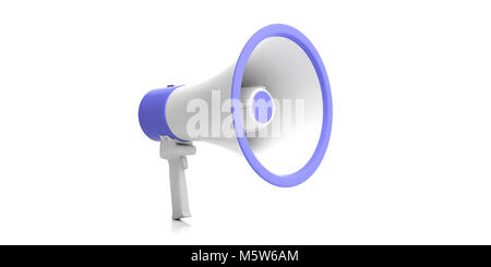 Megaphone, bullhorn white with blue details for public announcement isolated on white background. Close up front view. 3d illustration Stock Photo