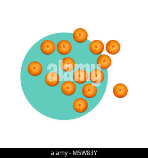 Grapefruit in flat lay Many grapefruits are lying on white background with blue round napkin Top view Trendy colorful photo mockup with space for text Stock Photo