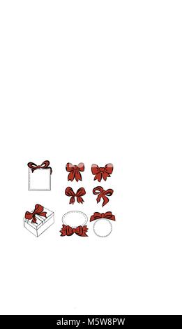 red ribbon set. bow for decorating various item, vintage bow and boxes, gift and decoration. Sketch Hand drawn graphic elements for your design. Stock Vector