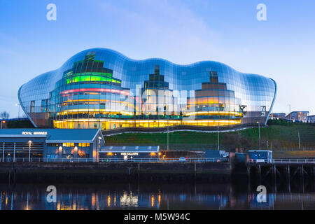 Newcastle England architecture, view at dusk of the Sage Gateshead building along the River Tyne in the centre of Newcastle, Tyne And Wear, UK Stock Photo