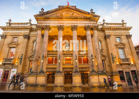 Theatre Royal Newcastle, view of the neoclassical portico and entrance to the Theatre Royal in Grey Street, Newcastle upon Tyne, England, UK Stock Photo