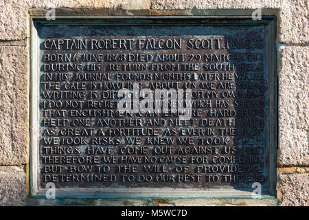 Plaque & inscription on Scott Memorial statue of Robert Falcon Scott. Portsmouth Historic Dockyard / Historical Dockyards. UK. Scott perished in 1912 Stock Photo