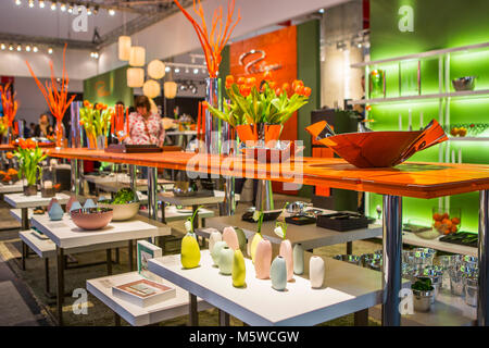Frankfurt, Germany. 9th Feb, 2018. Ambiente 2018 (9th to 13th Feb, 2018), world's most important consumer goods trade fair, with the product segments Dining (kitchenware, tableware, household products), Giving (gifts, personal accessories) and Living (interior design, furnishings, decoration). Here: booth of German company Philippi presenting design interieur and home accessories. Credit: Christian Lademann Stock Photo