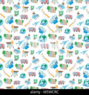 Touristic Seamless texture with transport, hotel, insurance and food flat icons on black background Stock Vector