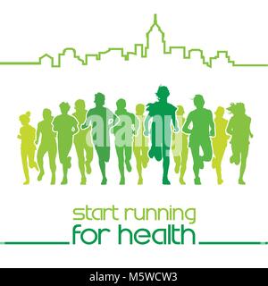 Front view of the crowd of young people running in the city marathon. Stock Vector