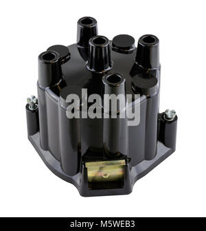 Antique vintage american automobile 4 cylinder ignition distributor cap on a white background. Stock Photo