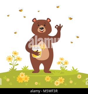 Vector cartoon style bear character eating sweet honey showing a okay hand sign. Ok gesture. Nature background with bees flying around and flowers. Stock Vector