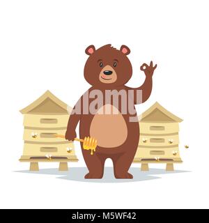Vector cartoon style bear character showing a okay hand sign eating sweet honey near the beehives with flying bees around. Isolated on  background. Ok Stock Vector