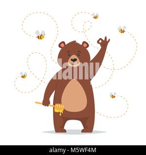 Vector cartoon style bear character eating sweet honey showing a okay hand sign. Bees flying around. Isolated on white background. Ok gesture. Stock Vector