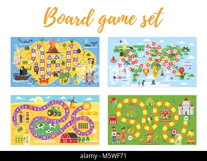 Vector flat style set of kids boardgame; pirate, travel, farm and amusement park theme game. For print. Horisontal composition. Stock Vector